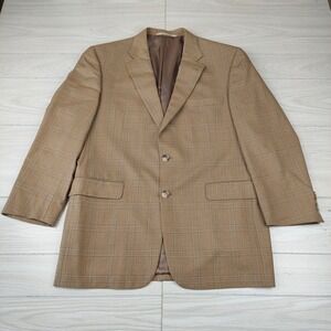 Burberry London Blazer Jacket Kensington Mens 42R Tan Wool Windowpane‎ 2 Button